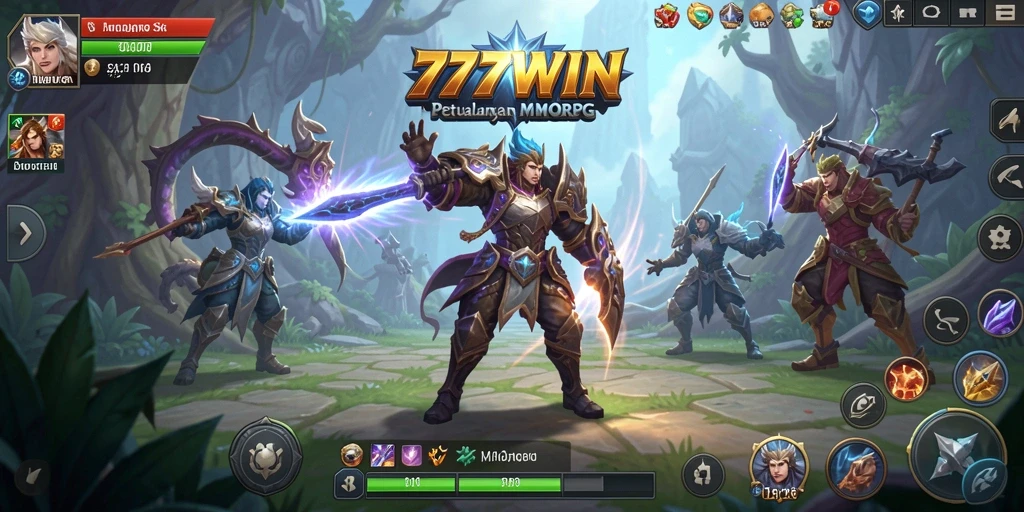 Screenshot gameplay 777WIN menampilkan pertarungan epik antara karakter dan monster.