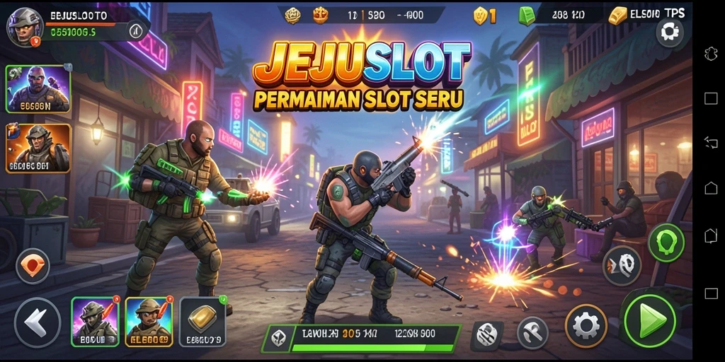 Screenshot gameplay <strong>JEJUSLOT</strong> menampilkan aksi tembak-menembak dan slot yang seru.