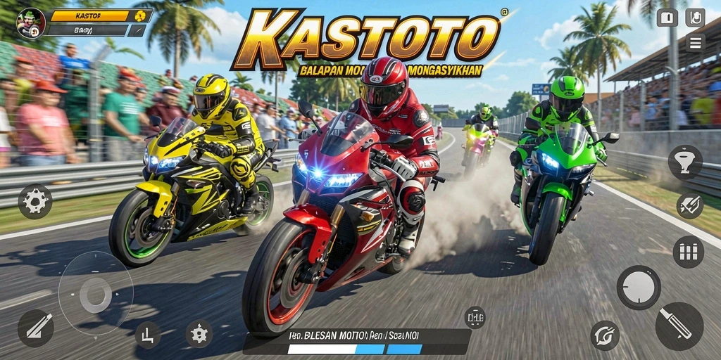 Tampilan gameplay KASTOTO dengan aksi balapan motor yang seru.