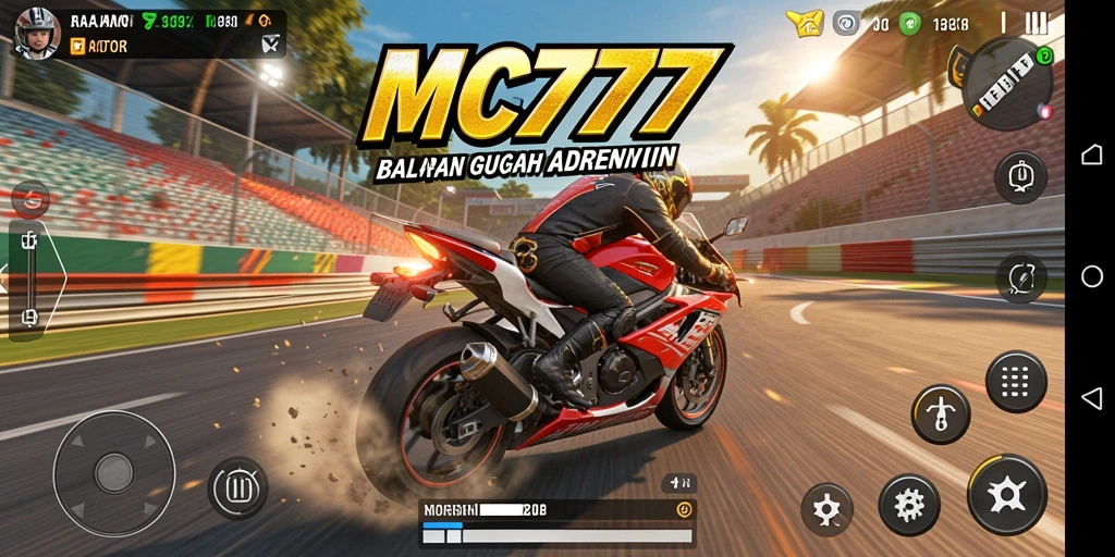 Screenshot utama MC777 menampilkan aksi balapan motor yang seru.