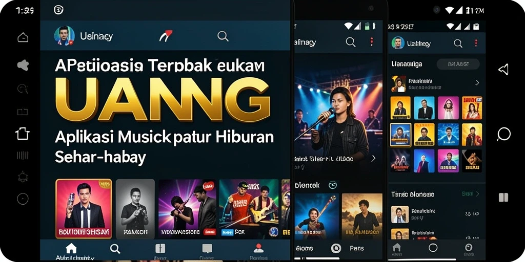 Tampilan screenshot utama UANG menampilkan berbagai genre musik dengan antarmuka yang menarik.
